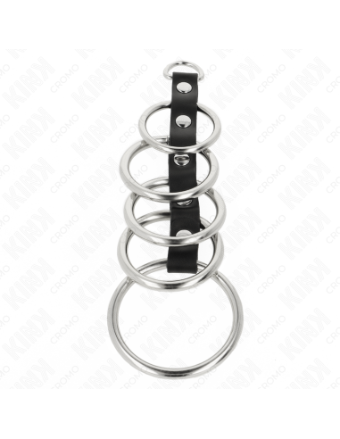 KINK - 5 metaliniai penio žiedai nuo 3,2 cm iki 5 cm, sujungti oda