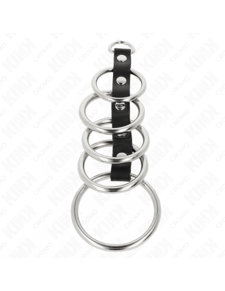 KINK - 5 metaliniai penio žiedai nuo 3,2 cm iki 5 cm, sujungti oda