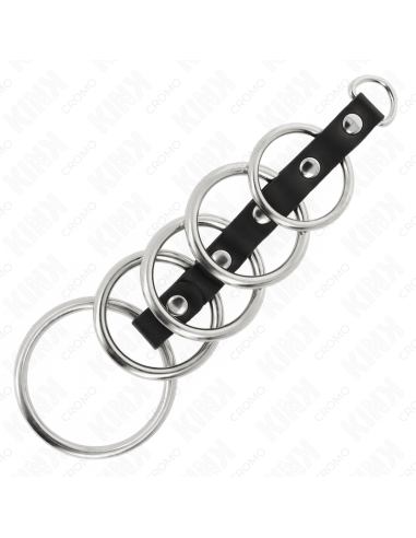 KINK - 5 metaliniai penio žiedai nuo 3,2 cm iki 5 cm, sujungti oda