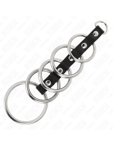 KINK - 5 metaliniai penio žiedai nuo 3,2 cm iki 5 cm, sujungti oda