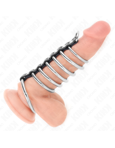 KINK - 7 metaliniai varpos žiedai nuo 3,2 cm iki 5 cm, sujungti oda 2