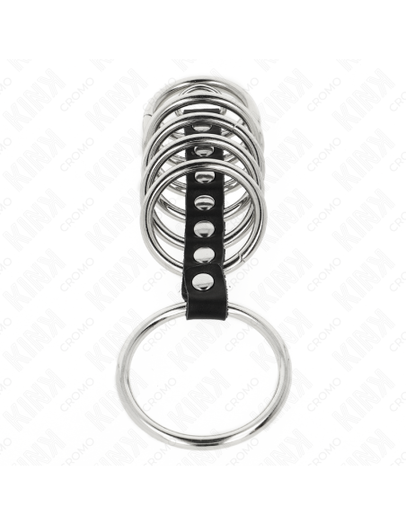 KINK - 7 metaliniai varpos žiedai nuo 3,2 cm iki 5 cm, sujungti oda