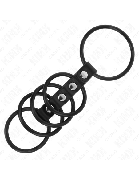KINK - 5 silikoniniai varpos žiedai nuo 3,8 cm iki 4,8 cm, sujungti oda