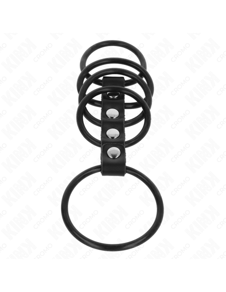 KINK - 5 silikoniniai varpos žiedai nuo 3,8 cm iki 4,8 cm, sujungti oda