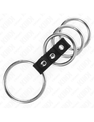 KINK - 4 METAL PENIS RINGS 3.7 CM TO 5 CM CONNECTED BY LEATHER