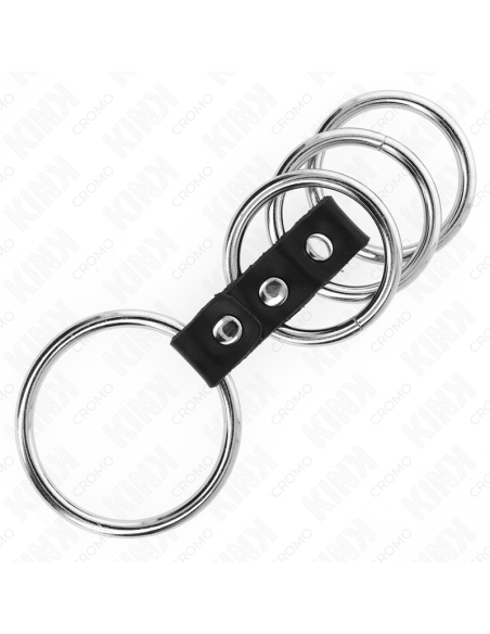KINK - 4 metaliniai penio žiedai nuo 3,7 cm iki 5 cm, sujungti oda