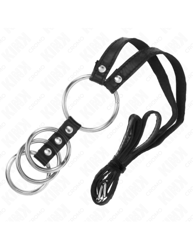 KINK - 4 CONNECTED METAL PENIS RINGS 3.8 CM TO 5 CM WITH LEATHER BELT 112 CM