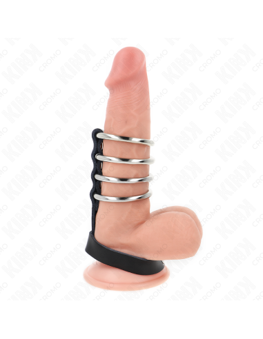 KINK - 4 metaliniai penio žiedai (3,8 cm), sujungti odiniu dirželiu (22 x 1,5 cm) ir užsegimu slėgiu