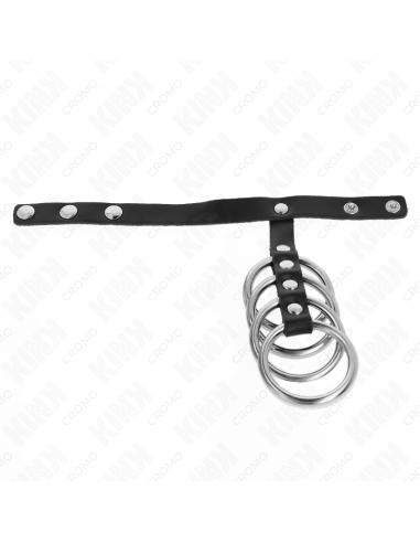 KINK - 4 metaliniai penio žiedai (3,8 cm), sujungti odiniu dirželiu (22 x 1,5 cm) ir užsegimu slėgiu