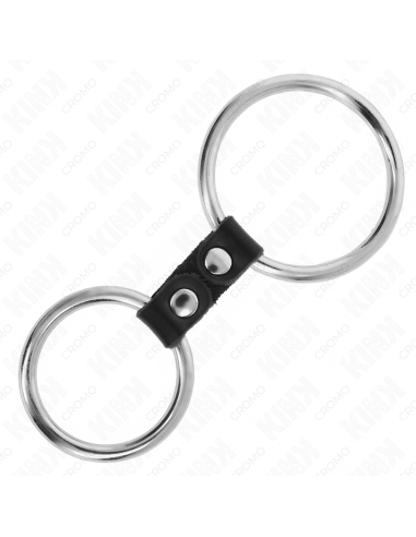 KINK - Dvigubas metalinis penio žiedas 3,7–5 cm, sujungtas odiniu dirželiu, 2 modelis