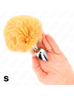 KINK - NERŪDIJANČIO PLIENO KAIŠTIS 7 x 3 CM SU SMĖLIO SPALVOS DIRBTINIS KAILIO TRIUŠIO UODEGOS GALVENAISIAIS 8 CM