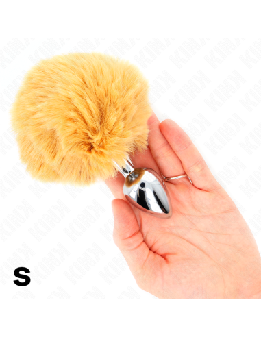 KINK - NERŪDIJANČIO PLIENO KAIŠTIS 7 x 3 CM SU SMĖLIO SPALVOS DIRBTINIS KAILIO TRIUŠIO UODEGOS GALVENAISIAIS 8 CM