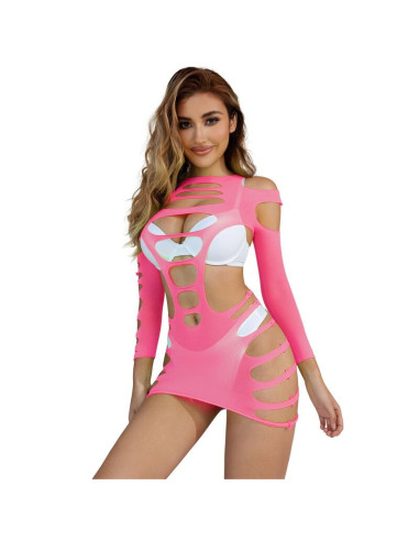 SUBBLIME - 952273 LONG SLEEVE ELASTIC FISHNET DRESS PINK ONE SIZE