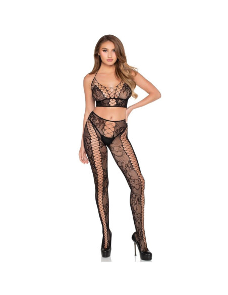 LEG AVENUE - 89368 NET and LACE CROP TOP AND TIGHTS BLACK - ONE SIZE