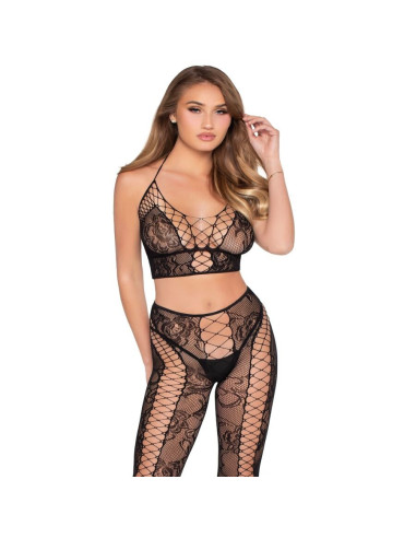 LEG AVENUE - 89368 NET and LACE CROP TOP AND TIGHTS BLACK - ONE SIZE