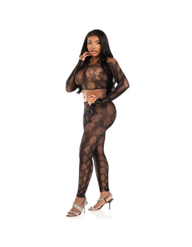 LEG AVENUE - 89373 PYTHON CROP TOP and FOOTLESS TIGHTS BLACK - ONE SIZE