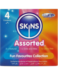 SKINS - ĮVAIRIŲ PREMIUM KLASĖS PREZERVATYVŲ PAKUOTĖ, 4 vnt.