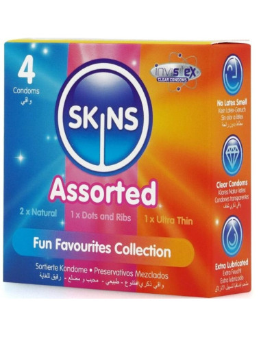 SKINS - ĮVAIRIŲ PREMIUM KLASĖS PREZERVATYVŲ PAKUOTĖ, 4 vnt.
