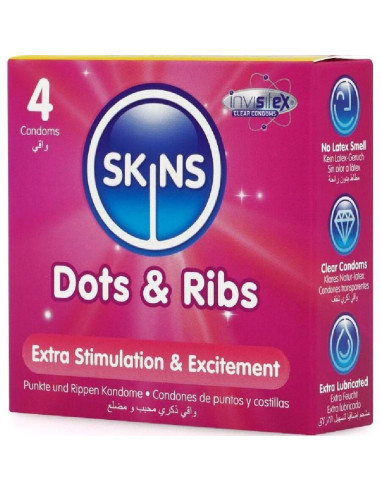 SKINS - DOTS and RIBS PREMIUM PREZERVATYVŲ PAKUOTĖ, 4 vnt.
