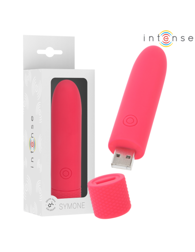 INTENSE - SYMONE USB ĮKRAUNAMAS VIBRUOJAMAS BULLET 8 VIBRACIJOS RAUDONOS 10 X 2,2 CM