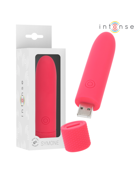 INTENSE - SYMONE USB ĮKRAUNAMAS VIBRUOJAMAS BULLET 8 VIBRACIJOS RAUDONOS 10 X 2,2 CM