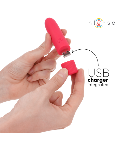 INTENSE - SYMONE USB ĮKRAUNAMAS VIBRUOJAMAS BULLET 8 VIBRACIJOS RAUDONOS 10 X 2,2 CM