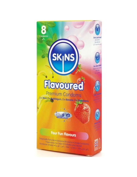 SKINS - ĮVAIRIŲ SKONIŲ PREMIUM KLASĖS PREZERVATYVŲ PAKUOTĖ, 8 VNT.