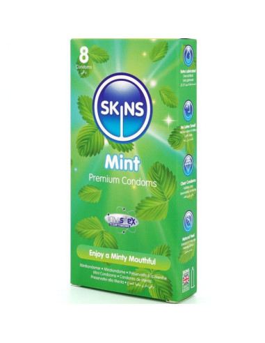 SKINS - MĖTINĖS PREMIUM KLASĖS PREZERVATYVŲ PAKUOTĖ, 8 vnt.