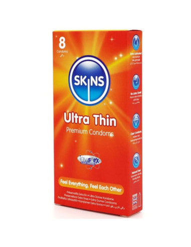 SKINS - itin ploni aukščiausios kokybės prezervatyvai, 8 vnt. pakuotėje