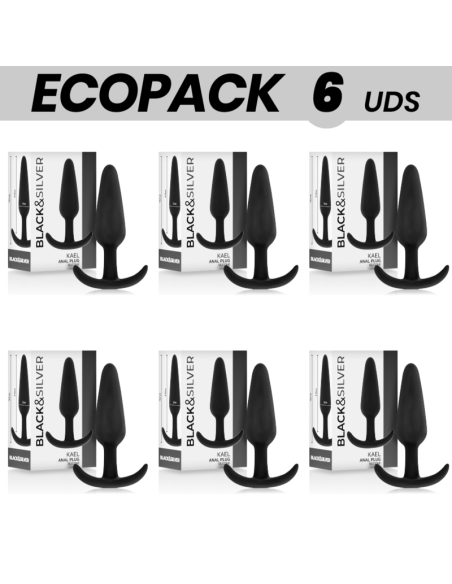 ECOPACK 6 UNITS - BLACKandSILVER KAEL SILICONE ANAL PLUG WITH MEDIUM HANDLE