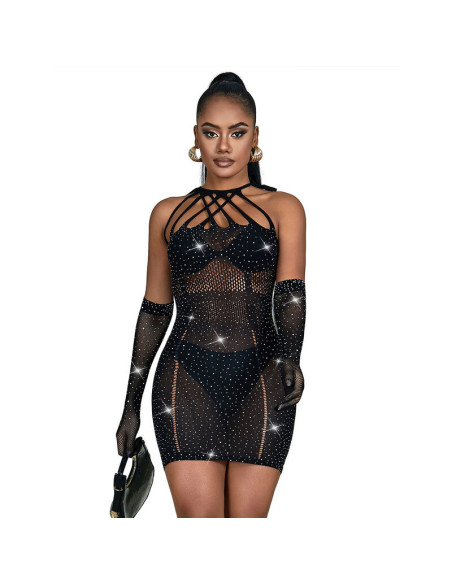 SUBBLIME - 952235 FISHNET DRESS WITH RHINESTONES BLACK ONE SIZE