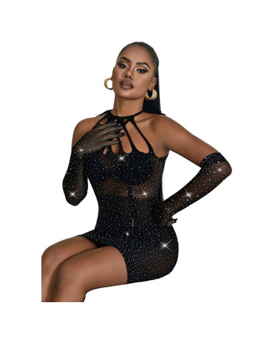 SUBBLIME - 952235 FISHNET DRESS WITH RHINESTONES BLACK ONE SIZE