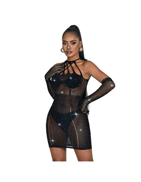 SUBBLIME - 952235 FISHNET DRESS WITH RHINESTONES BLACK ONE SIZE