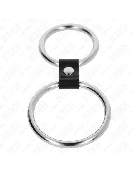 KINK - Dvigubas metalinis penio žiedas 3,7–5 cm, sujungtas odiniu dirželiu, 1 modelis