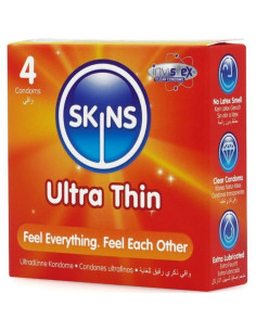 SKINS - itin ploni aukščiausios kokybės prezervatyvai, 4 vnt. pakuotė 2