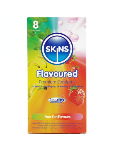 SKINS - ĮVAIRIŲ SKONIŲ PREMIUM KLASĖS PREZERVATYVŲ PAKUOTĖ, 8 VNT.