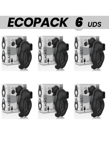 ECOPACK 6 VIENETŲ - BLACKandSILVER SILIKONINIS VIBRAVIRAVIMO ŽIEDAS 3 ĮKRAUNAMI VARIKLIAI JUODAS
