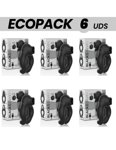ECOPACK 6 VIENETŲ - BLACKandSILVER SILIKONINIS VIBRAVIRAVIMO ŽIEDAS 3 ĮKRAUNAMI VARIKLIAI JUODAS