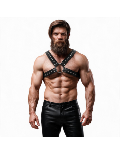 FETISH SUBMISSIVE ATTITUDE - MENS CROSS-OVER ECO-LEATHER CHEST HARNESS WITH STUDS